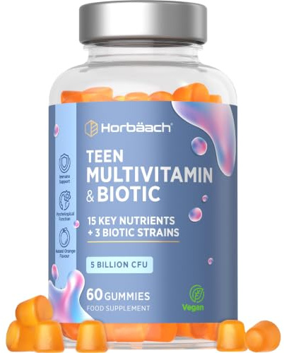 Teen Multivitamin Gummies with Biotics | 60 Count | 15 Key Nutrients with Vitamin C, Biotin and Zinc | + 3 Biotic Strains | Natural Orange Flavour | Vegan | By Horbaach