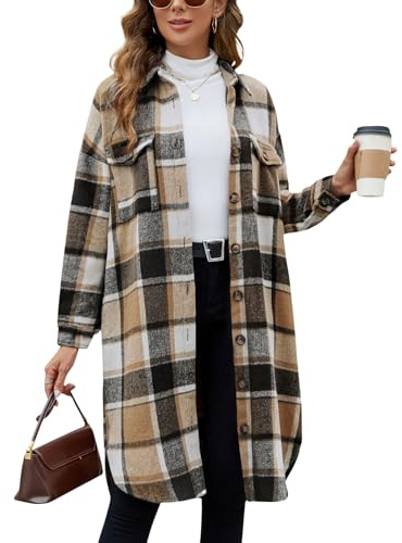 Tuopuda Veste Chemise à Carreaux en Flanelle pour Femme Manches longues Veste à Carreaux Blouse avec Boutons Long Manteau Mélange de laine