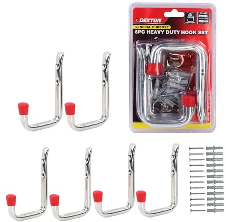 DEKTON 6PC 12cm x 8cm General Purpose Wall Hooks - Max Capacity of 25kg | Ideal for Hanging Tools, Coats, Bags, and More | Durable, Rust-Resistant Metal Construction for Home, Garage, or Office