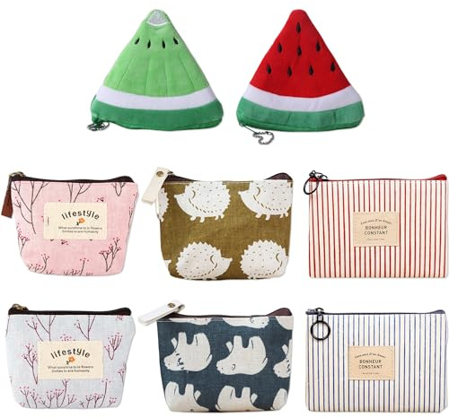 YiiHHooN Mini Pochette, 8 Pièces Mini Porte Monnaie en Toile, Petite Pochette Tissu Zippée Portefeuille pour Femmles Pièces de Monnaie Rouge à Lèvres Clés