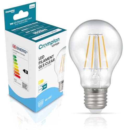 Crompton Lamps Filament GLS LED Light Bulb ES-E27 | 11W = 100W Equivalent | Cool White 4000K | Energy Efficient | Edison Screw Lightbulb | Long Life 15,000-Hrs | Clear Glass | Dimmable