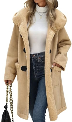 UMIPUBO Women Suede Sherpa Fleece Lined Duffle Faux Leather Coat Mid Length Hooded Toggle Jacket with Pockets