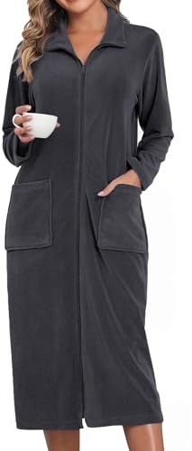Viakeo Fleece Bademantel für Damen Reißverschluss Nachtkleid Lang Bathrobe Leichtgewicht Hausmantel mit Taschen S-3XL