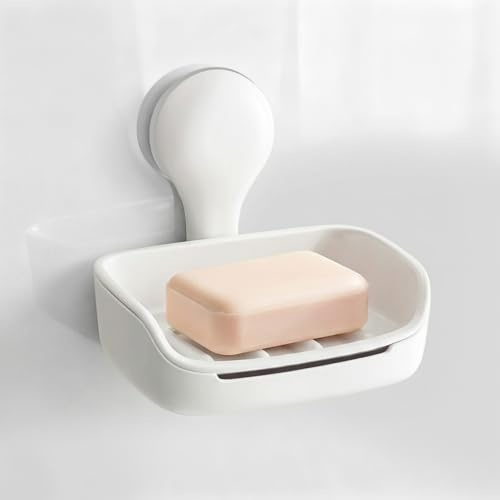 PAVSTINE Porta Sapone senza Foratura per Doccia con Fori di Drenaggio | Portasapone a Ventosa, Porta Saponetta, Portasaponetta da Parete per Bagno e Cucina, Bianco