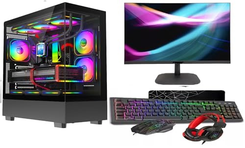 ASC Gaming PC Bundle: AMD Ryzen 5 5500, 16GB RAM, 1TB+256GB SSD, RTX3050 6GB Graphics, 22 Monitor, Windows 11, Black RGB 9 Fan Glass Gaming Case