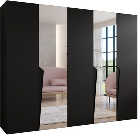 MEBLE KRYSPOL - Kleiderschrank - Garderobenschrank - 250 cm x 202 x 52 cm - Schrank mit Kleiderstange und Spiegel, 5 Türen - für Schlafzimmer, Flur - Piano, Schwarz, Griff Schwarz