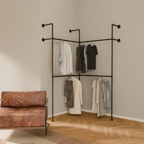 pamo Kleiderstange Wandmontage Eckkleiderschrank 360 kg Traglast | Offener Kleiderschrank oder Kleiderständer industrial Gold aus Metall Wasserrohren