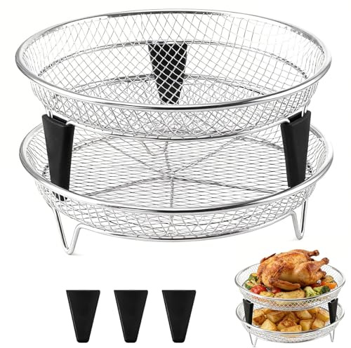 Airfryer Zubehoer, 18cm Stapelbare Heißluftfritteuse Zubehör Rund Edelstahl | Stapelbare Airfryer Gitter für Heißluftfritteuse, Air Fryer Grillrost Einsatz für Heissluftfritteuse für Ninja/COSORI/Philips