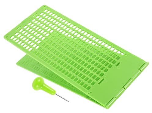 Healeved Lavagna Braille Portatile con 9 Righe e 28 Celle in Pp Verde, con Penna Integrata per Apprendimento e Scrittura per Non Vedenti