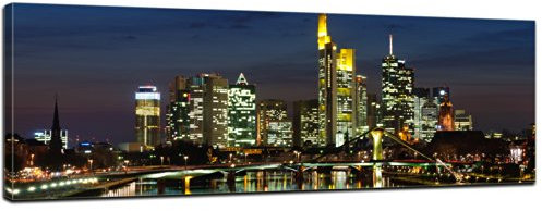 Bilderdepot24 Bild auf Leinwand | Frankfurt Skyline bei Nacht - Deutschland in 120x40 cm als Panorama Wandbild XXL | Wand-deko Dekoration Wohnung modern Bilder | 170127