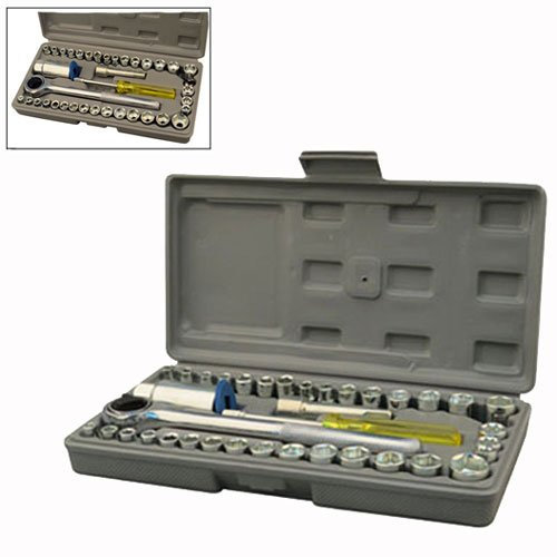 TekBox 40 Piece Tool Kit - 1/4 & 3/8 Drive Socket Set - Metric and Imperial/Ratchet Handle with Moulded Carry Case
