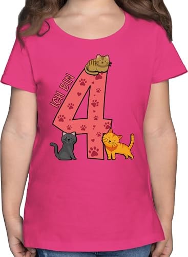 T-Shirt Mädchen - 4. Geburtstag - Katzen Vierter - 116 (5/6 Jahre) - Fuchsia - geburtstagsshirt 4 Jahre Katze geburtstagsoutfit Vier ich Bin Tshirt Shirt geburtstagst-Shirt 4.Geburtstag Tshirts