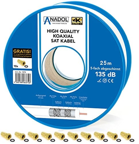 Anadol, cavo coassiale di protezione antincendio, 135 dB, bobina da 25 m, 7 mm, schermato a 5 vie, norma EN 50575, classe di protezione antincendio Eca, include 10 spine F placcate in oro 25 m