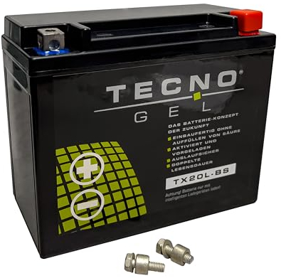 TECNO-GEL Motorrad-Batterie für YTX20L-BS für CAN-AM Traxter 450/800/1000 2018-, 12V Gel-Batterie 20Ah (DIN 82000), 175x87x155 mm