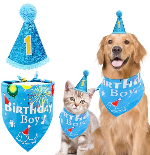 BIPY 1st Birthday Dog Hat Bandanas Set for Boys Small Medium Puppy First Birthday Blue Grooming Supplies Pet 1 Year Birthday Celebration Decoration Accessories