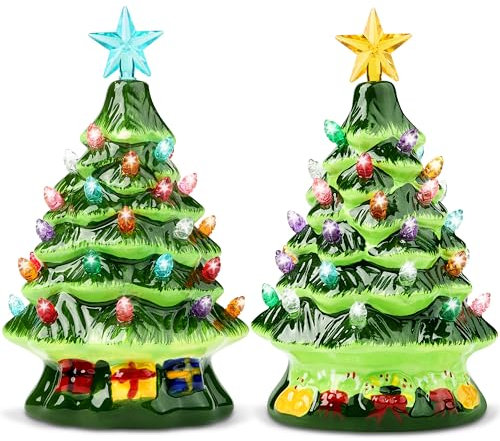 Joiedomi - Set di 2 alberi di Natale in ceramica da 17,8 cm (1 design a forma di caramella e 1 confezione regalo), albero di Natale preilluminato con stella extra e lampadine