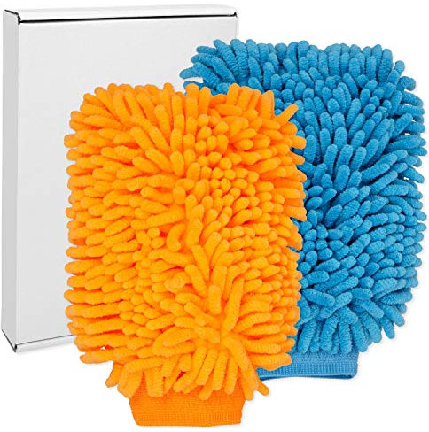 Auto Waschhandschuhe, 2 Stück, in Orange und Blau, weiche Mikrofaser, extrem saugstark und schonend weich, streifenfreie Kfz Nassreinigung, Autowaschhandschuh, Microfaser Lappen Pkw, Felgenhandschuh