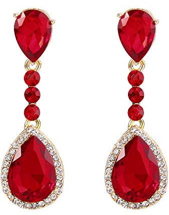 Clearine Damen Ohrringe Modern Hochzeit Braut Kristall Tropfen Romantik Dangle Ohrclips Gold-Ton Rot