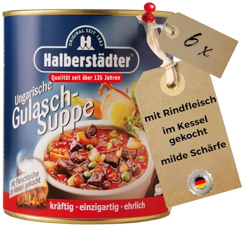 Halberstädter Ungarische Gulaschsuppe 6×800 ml (4,8 l) – Deftige Suppe im Kessel mit Fleischbrühe gekocht & tafelfertig – mild scharfe Hausmannskost für schnelle Mahlzeiten