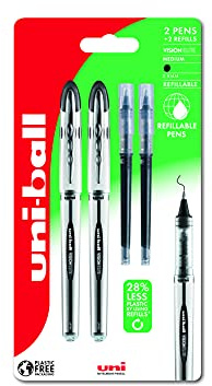 uni-ball Vision Elite Rollerball Pens, 0.8 mm, 2 Black Pens + 2 Refills | Smooth Writing, Airplane-Safe, Fade Resistant Super Ink, Ergonomic Grip, Ideal for Home, School & Office