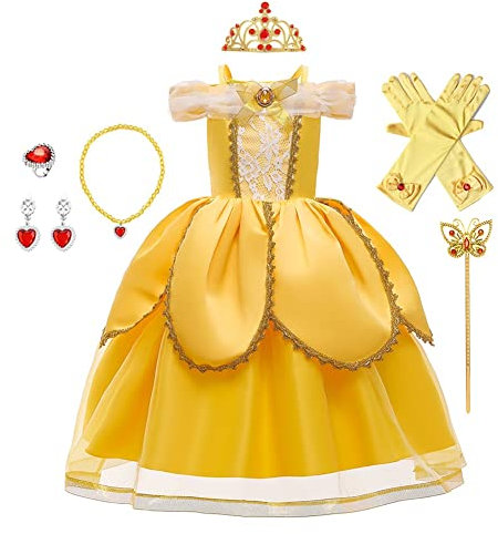 CinheyU La Bella e La Bestia Carnevale Costumi per Bambine Belle Principessa Compleanno Abiti Ragazze Natale Halloween Cosplay Cerimonia Festa Tulle Vestito con Accessori 7-8 anni