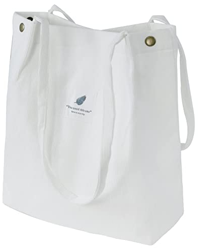 VOKUVIKU Beuteltasche Umhängetasche Damen Groß Schule Shopper CordTasche Gross Jutebeutel Bedruckt Stofftasche Baumwolltasche XXl Vintage Tragetasche Einkaufstasche, 001 Weiß