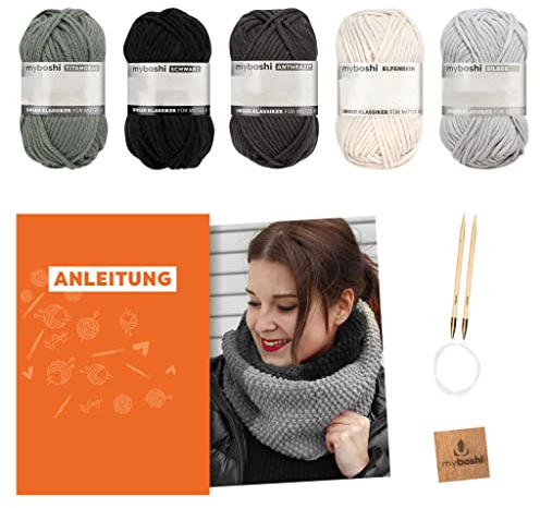 myboshi Strickset Schal New Haven, inkl. No.1 Wolle, Rundstricknadel, Anleitung und Label, Strickpaket für Anfänger, 30% Merinowolle Titangrau mit Rundstricknadel
