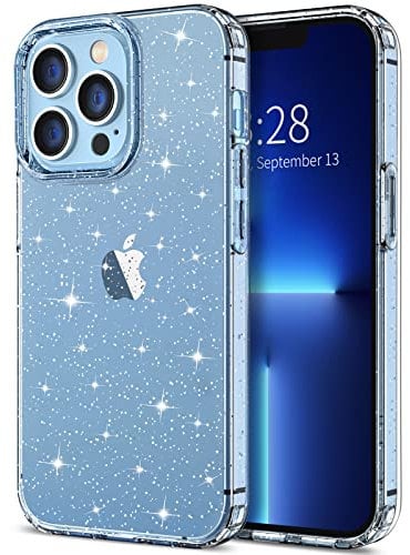 Hython Case for iPhone 13 Pro Max Case Glitter, Cute Sparkly Clear Glitter Shiny Bling Sparkle Cover, Anti-Scratch Hard PC Slim Fit Shockproof Protective Phone Cases for Women Girls, Clear Glitter