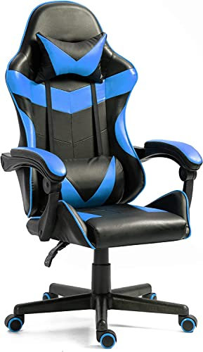 Racing Gaming Chair & Lumbar Support Recliner Office for Adults Home Adjustable Back Rest Heavy Duty 360° Swivel Computer Desk with Tilt Function, Without Footrest Blue