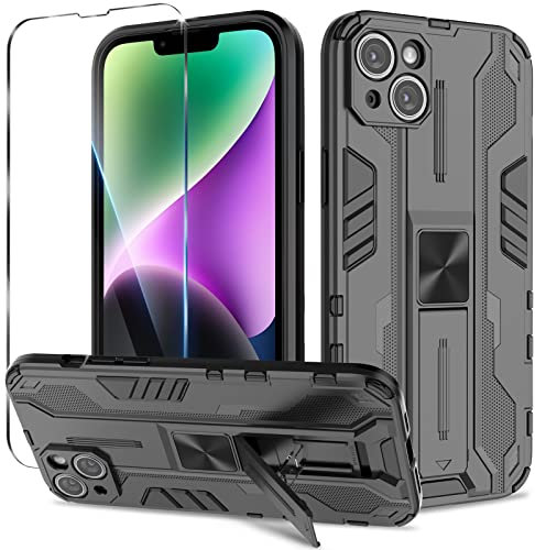 Btstring Case for iPhone 14 Plus and Screen Protector Tempered Glass, Heavy Duty Shockproof Tough Armour Case with Stand Protective Personalised Phone Cover - Black