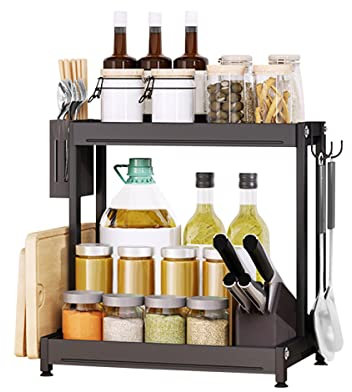 Redwestmelon Kitchen Storage Shelf Spice Rack Free-Standing Spice Organizer Holder 2 Tier Countertop Seasoning Rack Chopping Board Rack Knife Holder Chopstick Holder, Black