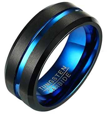 Lieson Wolfram Ring Partnerringe Schwarz Blau, Ehering Herren Gebürstet 8MM Rund Mit Linie Ring Gravur Personalisiert Größe 57 (18.1)