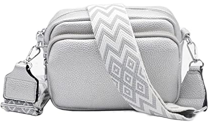 FASHION YOU WANT Crossbody Bag Damen Leder Breiter Gurt Handtasche Umhängetasche Moderne Taschen mit breitem Schultergurt,Abnehmbarer Schultergurt,Schwarz. (silber)