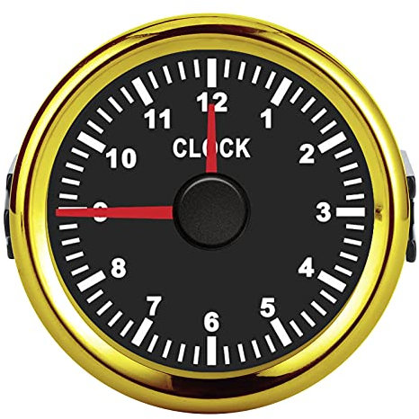 Misuratore Dell'orologio Calibro 12 Ore Forma con Retroilluminazione Rossa, 52mm 2in 12V/24V Misuratore Dell'orologio Dell'auto per Auto Barca Yacht Moto(Nero+Oro)