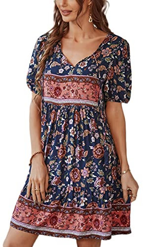 IIDACK Vestidos De Verano para Mujer Casual Cuello En V Manga Corta Vacaciones Impreso Bohemio Resort Estilo Señoras Petite Vestido Fresco