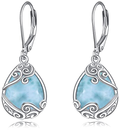 Larimar Ohrringe für Damen 925 Sterling Silber Filigran Larimar Tropfen Ohrringe Leverback Schmuck Geschenke (F-Larimar)