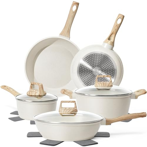 SODAY Pots and Pans Set, Nonstick Kitchen Cookware Sets, 12 Pcs Induction Cookware Granite Cooking Set with PFOS & PFOA Free Frying Pans, Saucepans, Steamer Silicone Shovel Spoon & Tongs (White)…