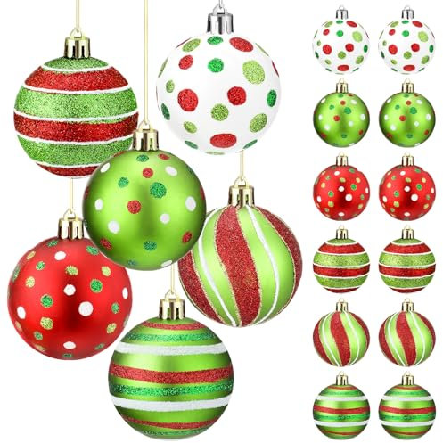 Liliful 12 Stück 6,1 cm Weihnachtskugel-Ornamente glitzernde Kunststoff-Hängedekorationen Kugeln Wirbel Zuckerstange Pfefferminz Weihnachtsbaum Anhänger für Weihnachtsbaumdekoration (rot, weiß und