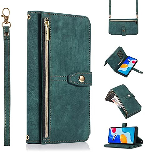 ESONG Coque pour Xiaomi Redmi Note 12 Pro 5G,Etui en Cuir PU Portefeuille Flip Housse avec Sangle réglable/9 Fente pour Carte/Magnétique,Anti-Choc Case Cover,Vert