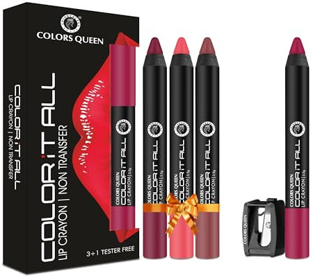 Colors Queen Color It All Long Lasting Crayon Lipstick For Women | Pack of 3 & Get 1 Free | Up to 18 Hours Stay | Matte Finish | Water, Smudge Proof (Dynamite Berry, Rouge, Pink Up & Blood Red,3.5g)
