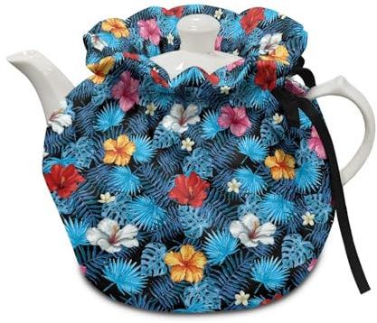 Poceacles Teapot Dust Cover Insulated Tea Cosy for Keeping Warm, Tropics Palm Leaf Hibiscus Tea Kettle Dust Cover Home Kitchen Decorative Teapot Cover Cozy Washable, Blue