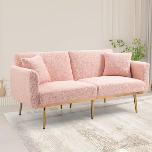 Sweiko 2er Sofa,Loungesofa Klappsofa Couch mit Schlaffunktion,Samtsofa Loveseat Sofa mit Metallfüßen,Modern Gästesofa Stoffsofa mit Armlehne für Wohnzimmer und Schlafzimmer (Rosa Teddy+Polyester)