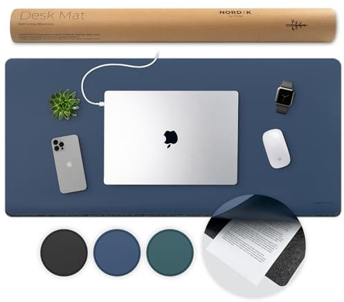 Nordik Felt and Leather Desk Mat Non-Slip - Blue - 89 X 43 CM - Felt and Vegan Leather Desk Pad - Document Organizers - Desk Blotter and Desktop Mat - Desk Protector Laptop Desk Matt for Desktop
