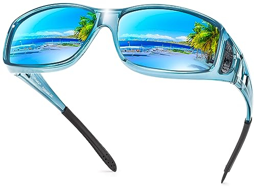 URUMQI Polarisierte Sonnenbrille Herren Damen UV400 Schutz Wrap Around Blendschutz Sonnenbrille für Brillenträger Fit over Brille Fahren Angeln Blau Rahmen