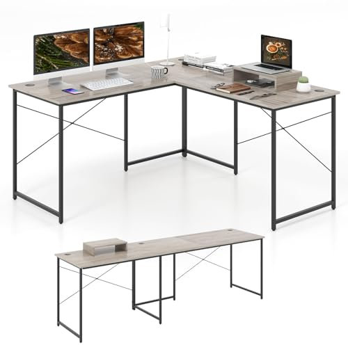 LIFEZEAL L-förmiger Schreibtisch, 240cm Reversibeler Computertisch Eckschreibtisch mit Monitorständer, Gaming Laptop PC Tisch im Industriestil, Workstation für zu Hause und im Büro (Grau)