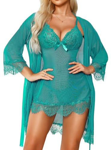 RSLOVE Nuisette Sexy Femme Robe de Nuit Lingerie Babydoll sous Vetements Feminins 3 Pièces avec G-String Bleu Vert M