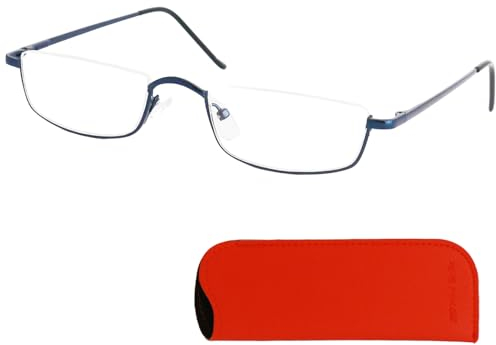 Metall Halbrand oben Lesebrille Halbbrille Rechteckig, Gratis Etui und Brillenputztuch, Edelstahl Rahmen (Blau) mit Federscharnier, Lesehilfe Damen und Herren +2.0 Dioptrien