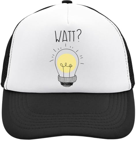 Watt? Funny Light Bulb Pun Mesh Back Trucker Cap Adjustable Snapback Hat Casu White, Schwarz , Einheitsgröße