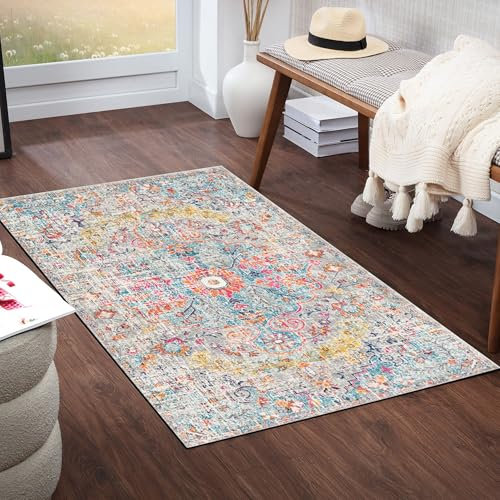 Livabliss Asmara Vintage groß 80x150 cm - Wohnzimmer, Esszimmer, Schlafzimmer, Boho Stil mit buntem Muster in Grau und Orange