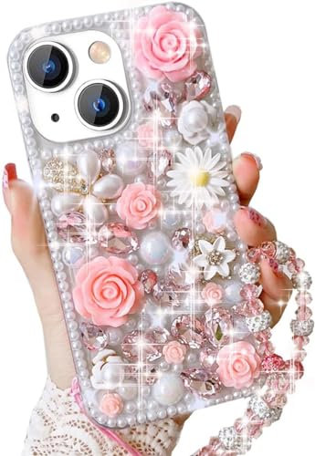 Szakdws Bling Diamond Case for iPhone 15 Plus 6.7 with Pearl Bracelet Strap Cover,Pink 3D Sparkly Shiny Crystal Rhinestones Flower Girly Shockproof Phone Case with Lanyard